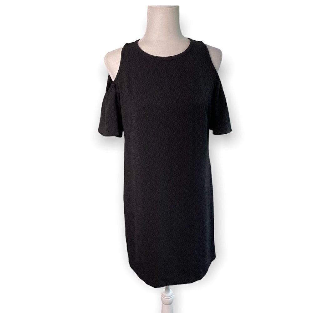 LOFT Black Dress Cold Shoulder Textured Sheath Midi Dress SZ 2